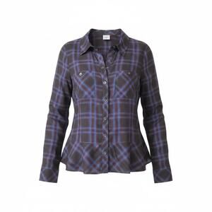 Cabi Plaid Peplum Blouse Medium Blue Burgundy Long Sleeve Button Front Top